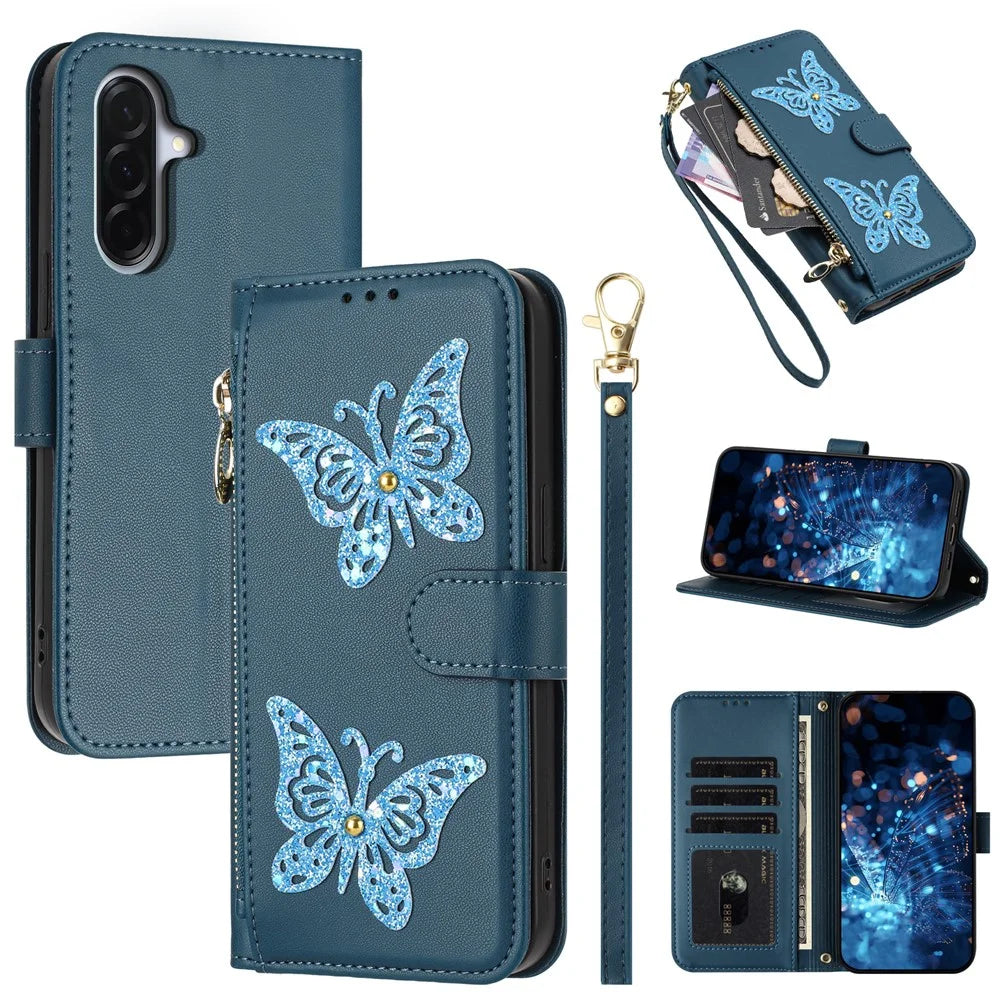 For Samsung Galaxy A18 5G / A18 4G / A17 5G / A17 4G Case Glitter Butterfly Zipper Pocket Stand Leather Phone Cover with Hand Strap / Shoulder Strap - Blue - 1