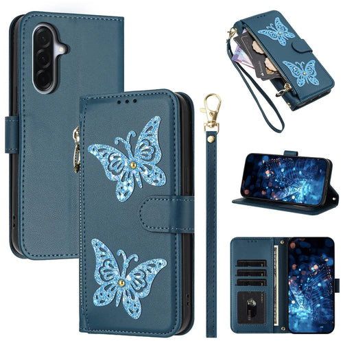For Samsung Galaxy A18 5G / A18 4G / A17 5G / A17 4G Case Glitter Butterfly Zipper Pocket Stand Leather Phone Cover with Hand Strap / Shoulder Strap - Blue - 1