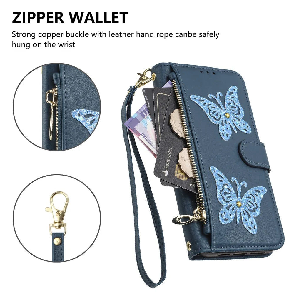 For Samsung Galaxy A18 5G / A18 4G / A17 5G / A17 4G Case Glitter Butterfly Zipper Pocket Stand Leather Phone Cover with Hand Strap / Shoulder Strap - Blue - 5