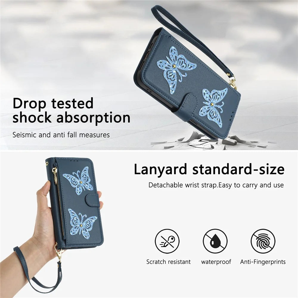 For Samsung Galaxy A18 5G / A18 4G / A17 5G / A17 4G Case Glitter Butterfly Zipper Pocket Stand Leather Phone Cover with Hand Strap / Shoulder Strap - Blue - 6