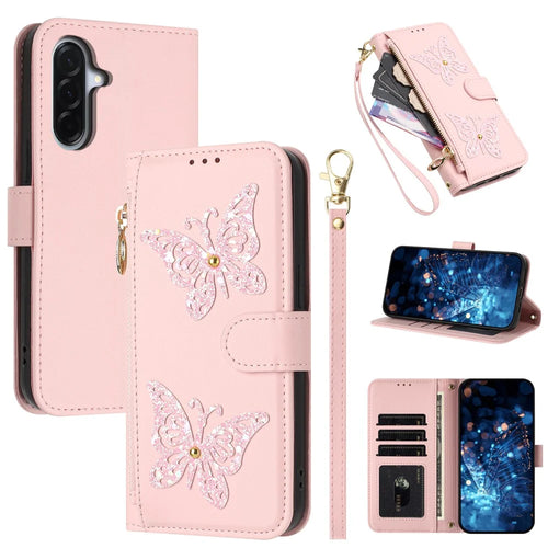 For Samsung Galaxy A37 5G Case Glitter Butterfly Zipper Pocket Stand Leather Phone Cover with Hand Strap / Shoulder Strap - Pink - 1