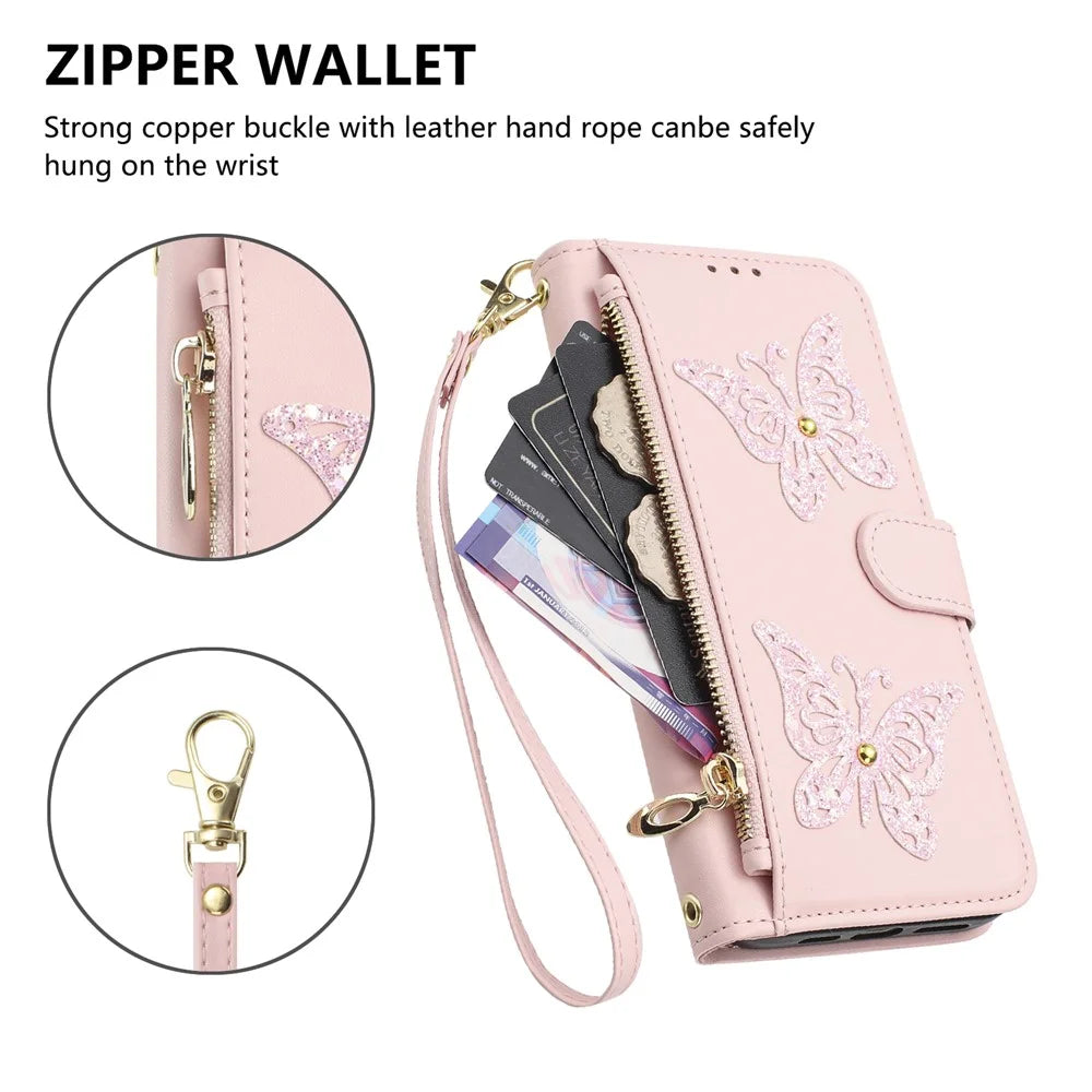 For Samsung Galaxy A37 5G Case Glitter Butterfly Zipper Pocket Stand Leather Phone Cover with Hand Strap / Shoulder Strap - Pink - 5
