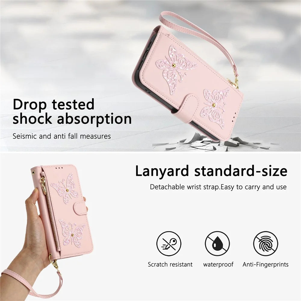 For Samsung Galaxy A37 5G Case Glitter Butterfly Zipper Pocket Stand Leather Phone Cover with Hand Strap / Shoulder Strap - Pink - 6