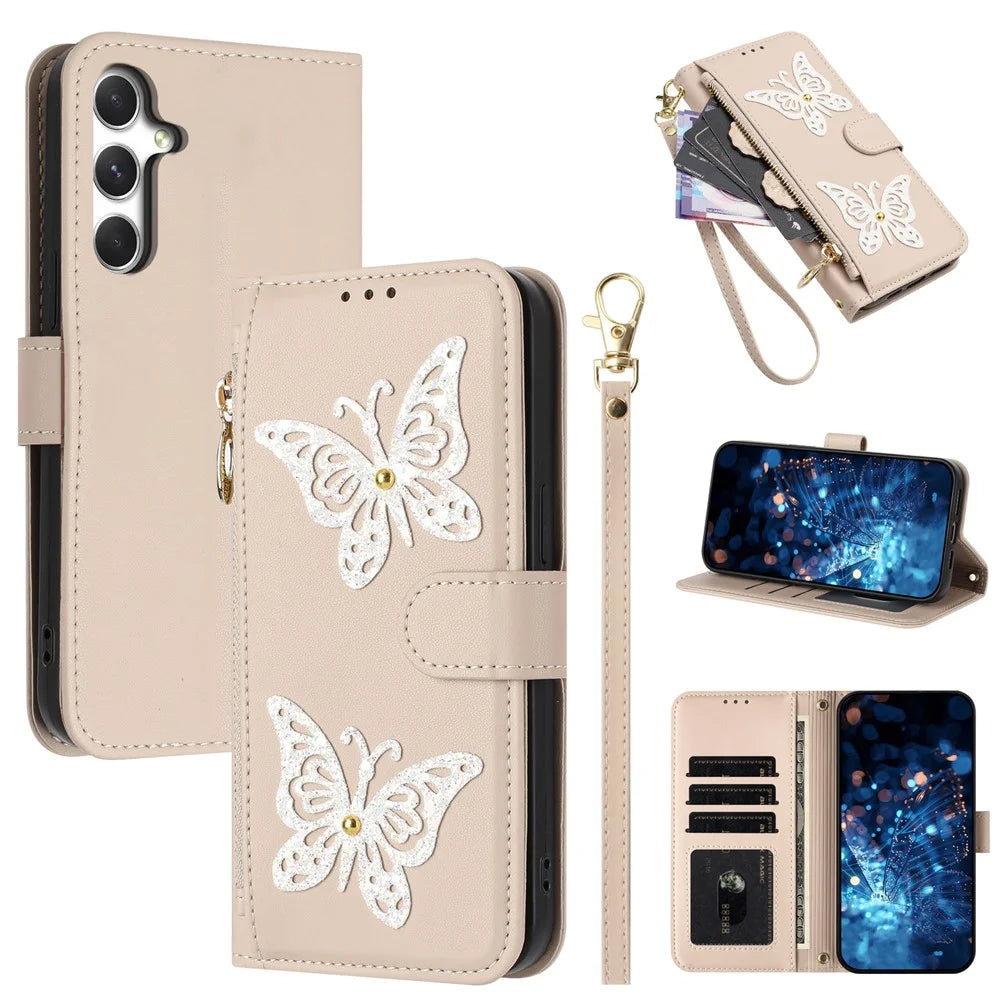 For Samsung Galaxy A57 5G Case Glitter Butterfly Zipper Pocket Stand Leather Phone Cover with Hand Strap / Shoulder Strap - Apricot - 1