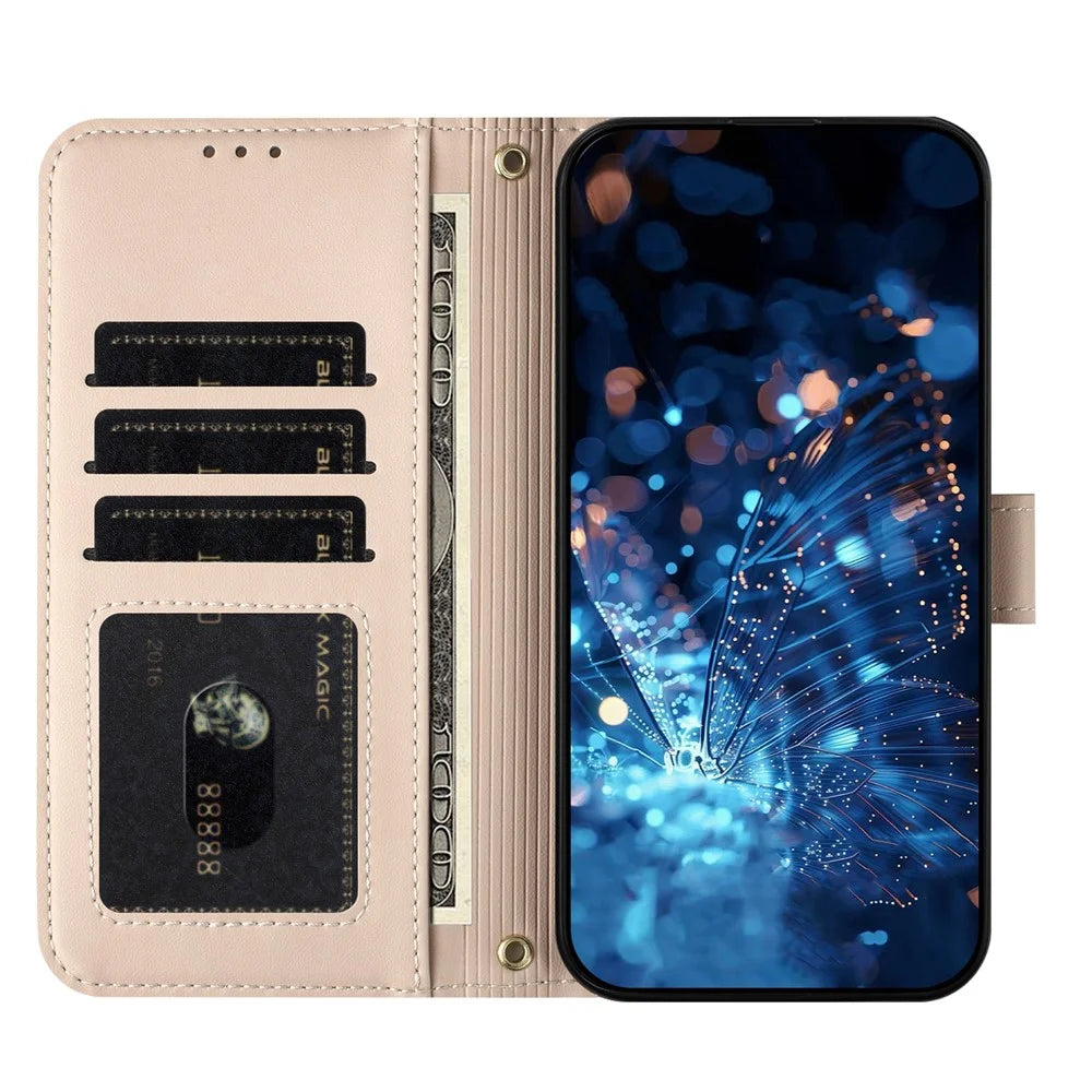 For Samsung Galaxy A57 5G Case Glitter Butterfly Zipper Pocket Stand Leather Phone Cover with Hand Strap / Shoulder Strap - Apricot - 3