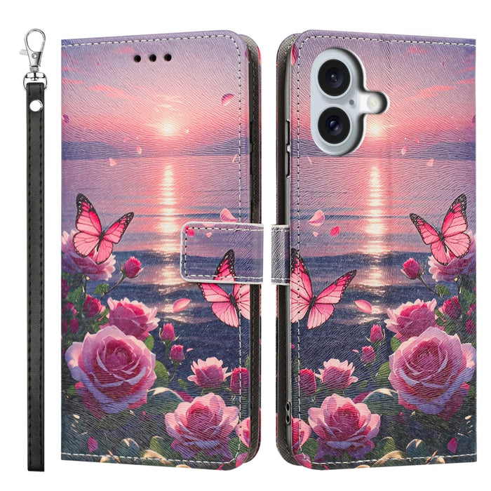 For iPhone 16 Plus Case Pattern Printing PU Leather Flip Wallet Phone Cover with Wrist Strap - Rose Butterfly - 1