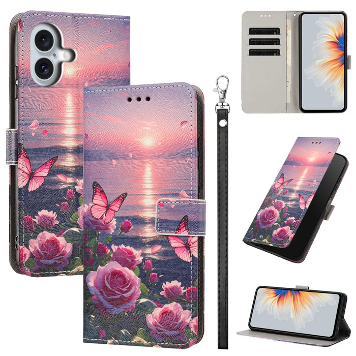 For iPhone 16 Plus Case Pattern Printing PU Leather Flip Wallet Phone Cover with Wrist Strap - Rose Butterfly - 2