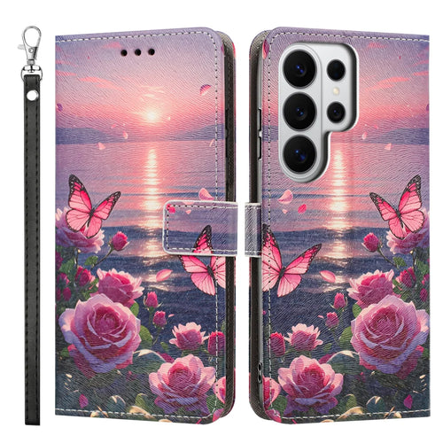 For Samsung Galaxy S26 Ultra Case Pattern Printing PU Leather Flip Wallet Phone Cover with Wrist Strap - Rose Butterfly - 1