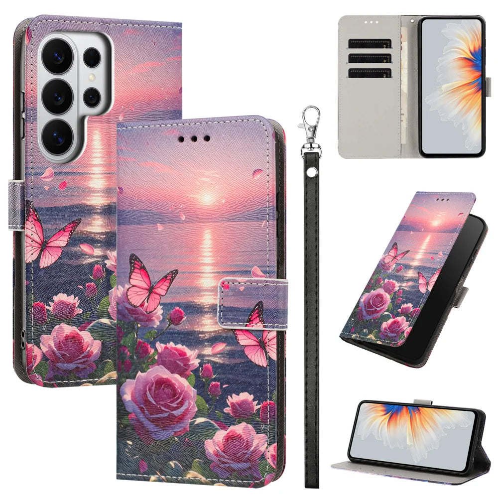 For Samsung Galaxy S26 Ultra Case Pattern Printing PU Leather Flip Wallet Phone Cover with Wrist Strap - Rose Butterfly - 2