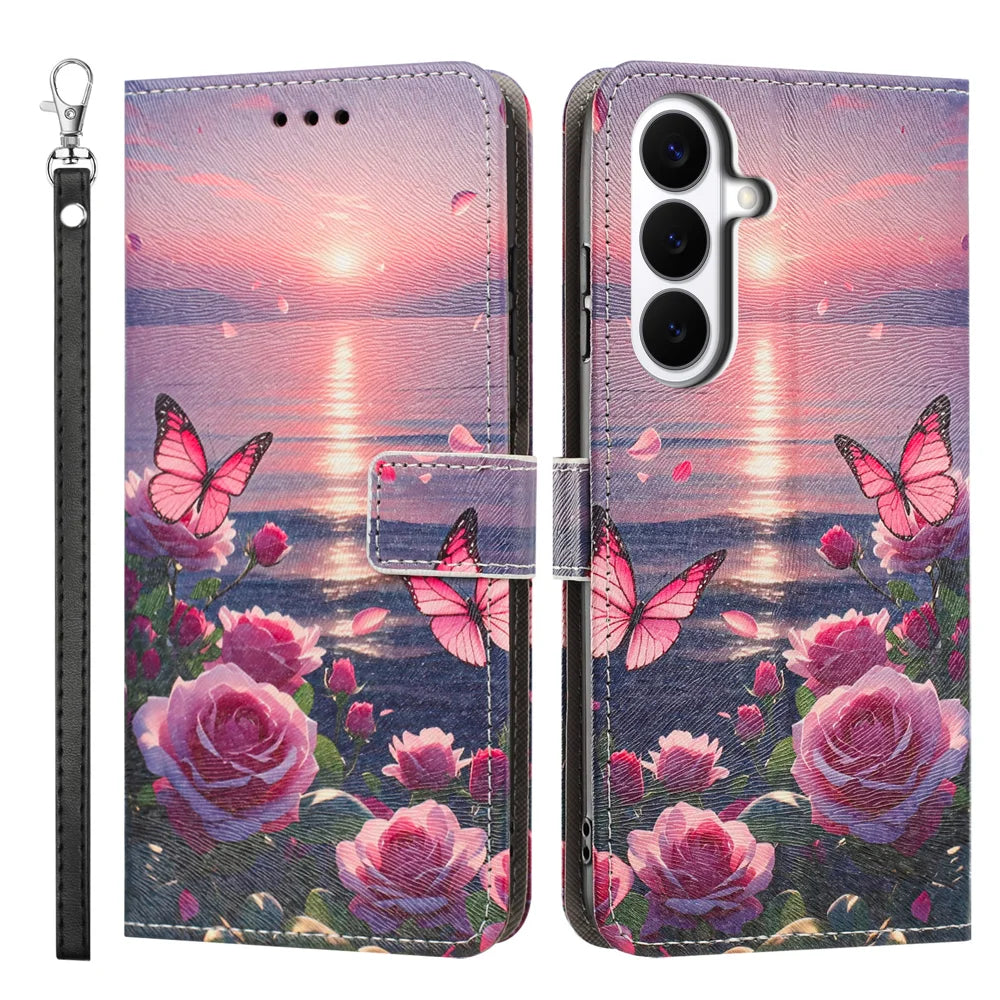 For Samsung Galaxy S26 Case Pattern Printing PU Leather Flip Wallet Phone Cover with Wrist Strap - Rose Butterfly - 1