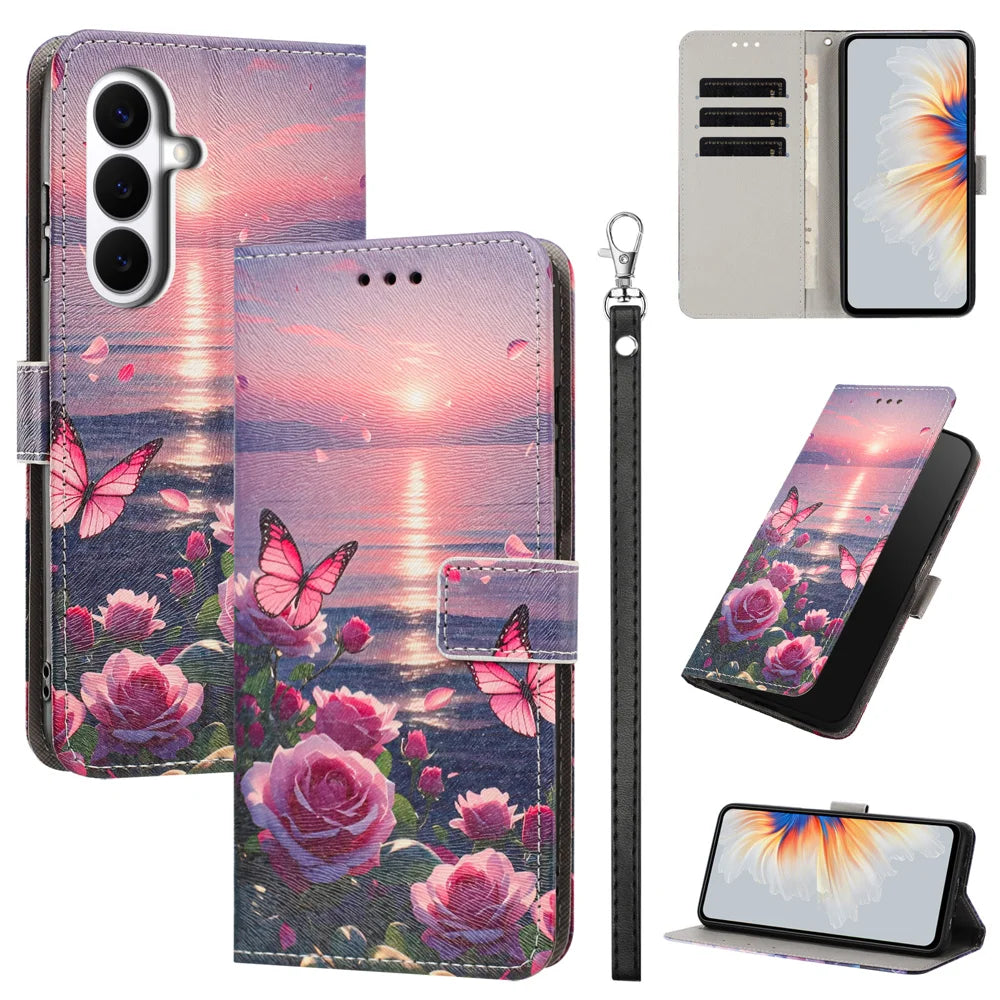 For Samsung Galaxy S26 Case Pattern Printing PU Leather Flip Wallet Phone Cover with Wrist Strap - Rose Butterfly - 2