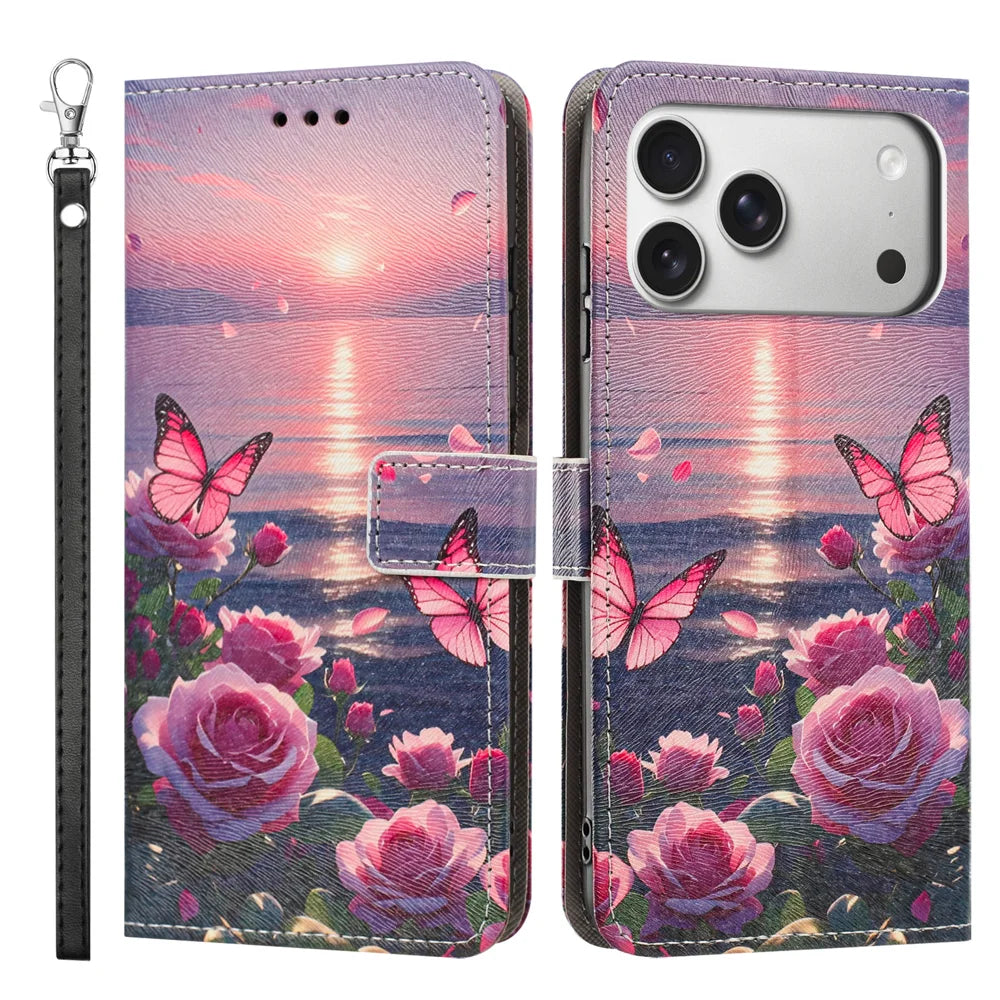 For iPhone 18 Pro Max / 17 Pro Max Case Pattern Printing PU Leather Flip Wallet Phone Cover with Wrist Strap - Rose Butterfly - 1