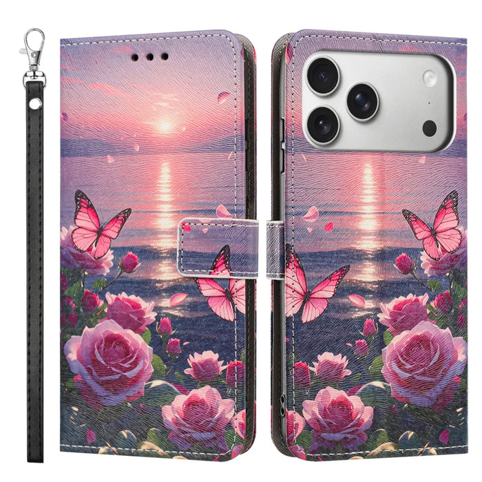 For iPhone 18 Pro Max / 17 Pro Max Case Pattern Printing PU Leather Flip Wallet Phone Cover with Wrist Strap - Rose Butterfly - 1
