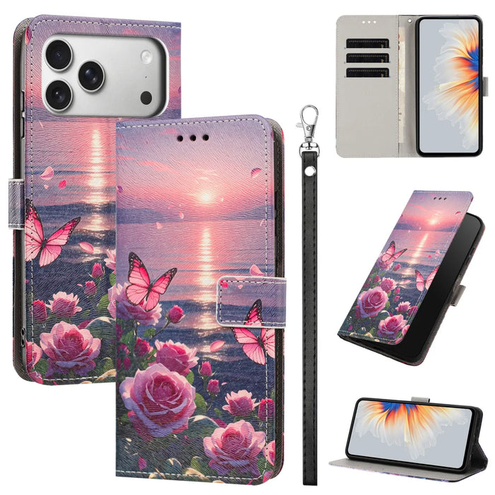 For iPhone 18 Pro Max / 17 Pro Max Case Pattern Printing PU Leather Flip Wallet Phone Cover with Wrist Strap - Rose Butterfly - 2