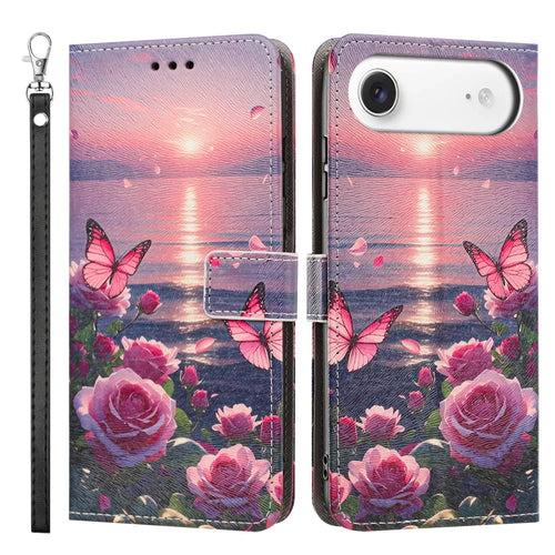 For iPhone Air Case Pattern Printing PU Leather Flip Wallet Phone Cover with Wrist Strap - Rose Butterfly - 1