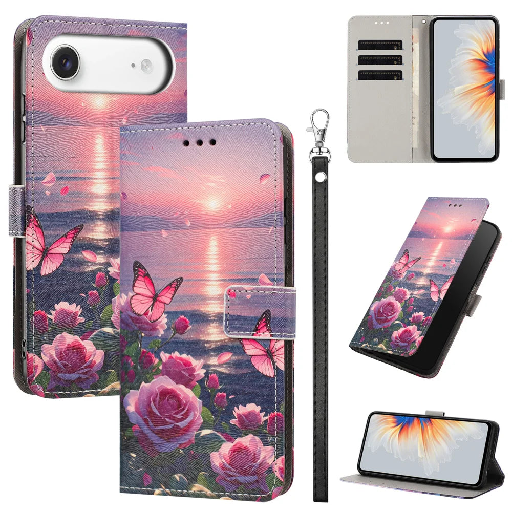 For iPhone Air Case Pattern Printing PU Leather Flip Wallet Phone Cover with Wrist Strap - Rose Butterfly - 2
