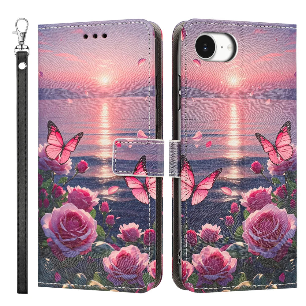 For iPhone 16e / iPhone 17e Case Pattern Printing PU Leather Flip Wallet Phone Cover with Wrist Strap - Rose Butterfly - 1