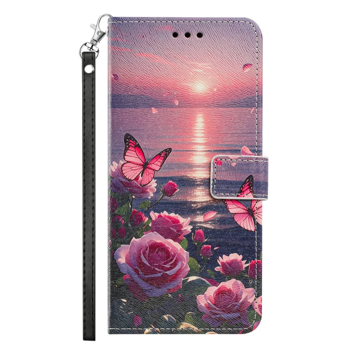 For iPhone 16e / iPhone 17e Case Pattern Printing PU Leather Flip Wallet Phone Cover with Wrist Strap - Rose Butterfly - 3