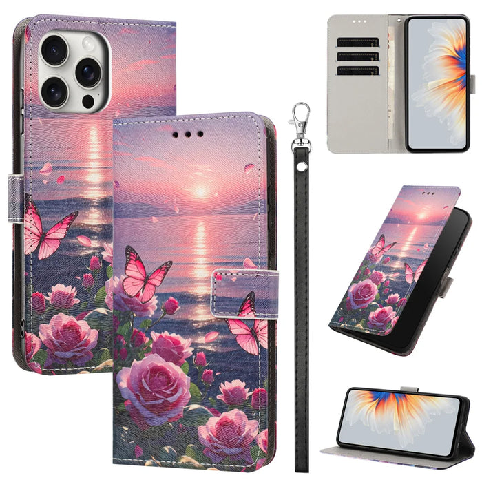 For iPhone 16 Pro Max Case Pattern Printing PU Leather Flip Wallet Phone Cover with Wrist Strap - Rose Butterfly - 2