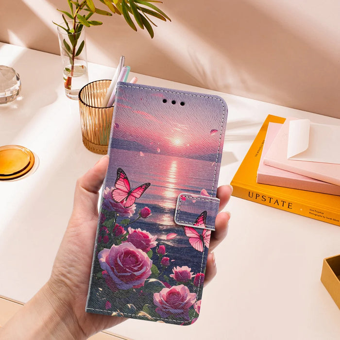 For iPhone 16 Pro Max Case Pattern Printing PU Leather Flip Wallet Phone Cover with Wrist Strap - Rose Butterfly - 7