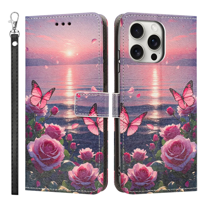 For iPhone 16 Pro Case Pattern Printing PU Leather Flip Wallet Phone Cover with Wrist Strap - Rose Butterfly - 1