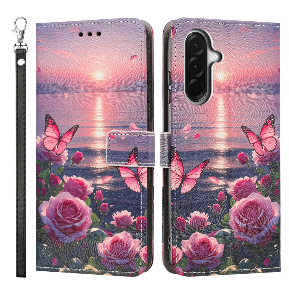 For Samsung Galaxy A36 5G / Galaxy A37 5G Case Pattern Printing PU Leather Flip Wallet Phone Cover with Wrist Strap - Rose Butterfly - 1