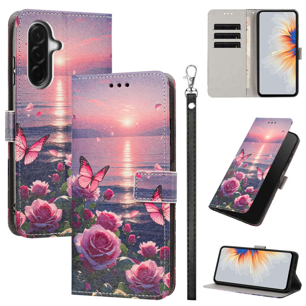 For Samsung Galaxy A27 5G Case Pattern Printing PU Leather Flip Wallet Phone Cover with Wrist Strap - Rose Butterfly - 2