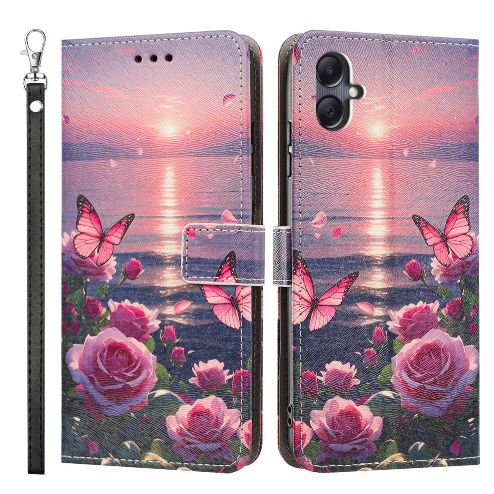 For Samsung Galaxy A08 5G / A08 4G / A07 5G / A07 4G / A06 5G / A06 4G Case Pattern Printing PU Leather Flip Wallet Phone Cover with Wrist Strap - Rose Butterfly - 1