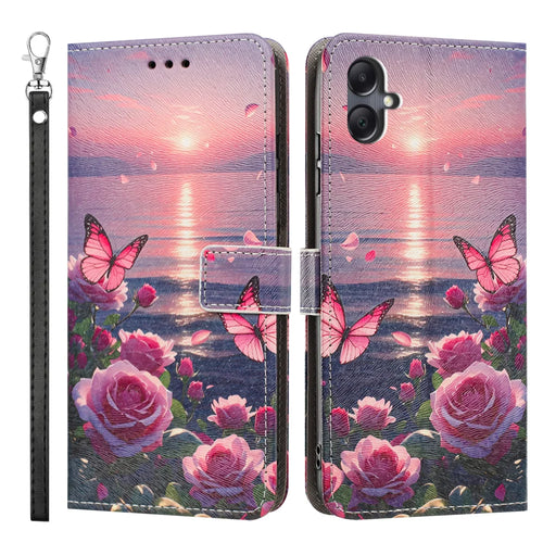For Samsung Galaxy A08 5G / A08 4G / A07 5G / A07 4G / A06 5G / A06 4G Case Pattern Printing PU Leather Flip Wallet Phone Cover with Wrist Strap - Rose Butterfly - 1