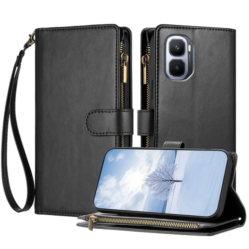 For Infinix GT 50 Pro 5G Leather Case Zipper Wallet Stand Shockproof Phone Cover with Wrist Strap - Black - 1