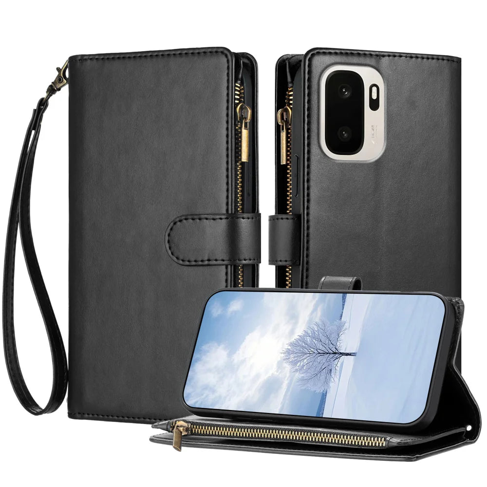 For OnePlus Ace 6 Ultra 5G Leather Case Zipper Wallet Stand Shockproof Phone Cover with Wrist Strap - Black - 1