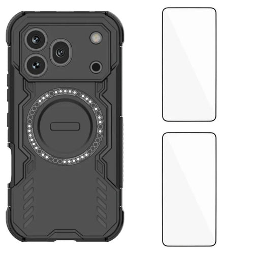WANLONFENG for Honor 600 Pro 5G Magnetic Case  DJ Series PC TPU Phone Cover with 2Pcs Tempered Glass Film - Black - 1