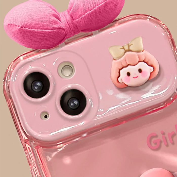 For iPhone 15 Case with Flip Mirror 3D Heart Butterfly Bow Cartoon TPU + PC Protective Cover - Pink - 3
