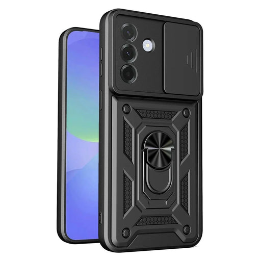AMORUS For Samsung Galaxy A27 5G Case Kickstand PC + TPU Phone Cover with Camera Lens Slider - Black - 1