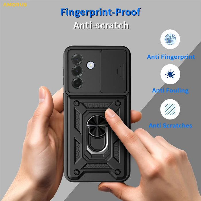 AMORUS For Samsung Galaxy A27 5G Case Kickstand PC + TPU Phone Cover with Camera Lens Slider - Black - 3