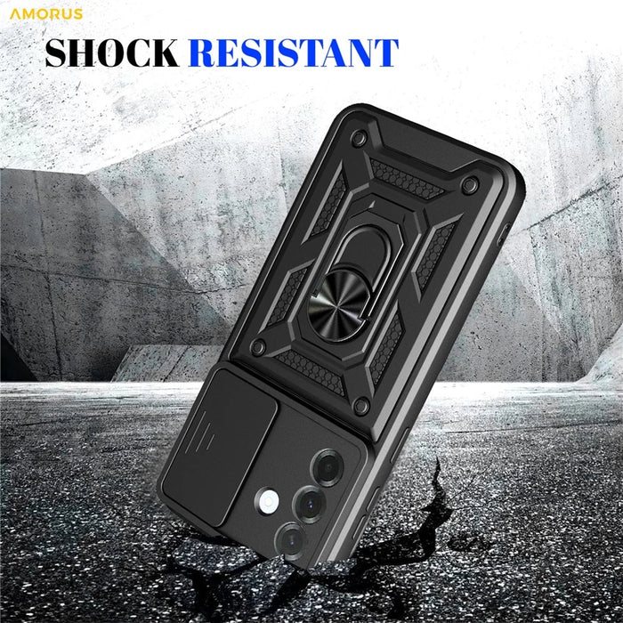 AMORUS For Samsung Galaxy A27 5G Case Kickstand PC + TPU Phone Cover with Camera Lens Slider - Black - 5