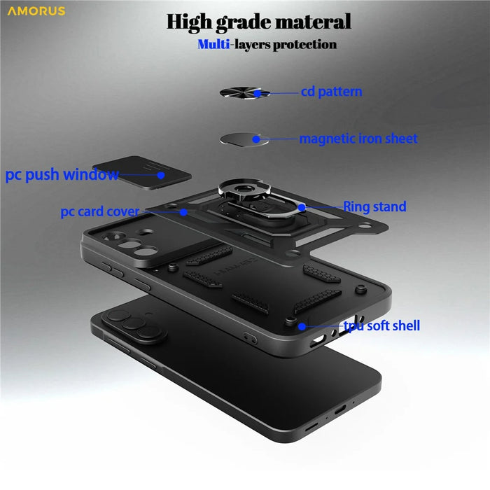 AMORUS For Samsung Galaxy A27 5G Case Kickstand PC + TPU Phone Cover with Camera Lens Slider - Black - 7