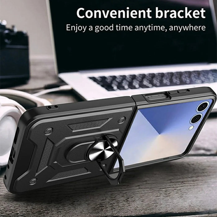 For Samsung Galaxy Z Flip8 Case with Slide Camera Lid PC + TPU Kickstand Phone Cover - Black - 6