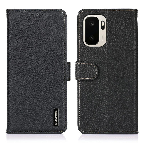 KHAZNEH For OnePlus Ace 6 Ultra 5G Wallet Case Litchi Texture Genuine Cow Leather Flip Phone Cover - Black - 1