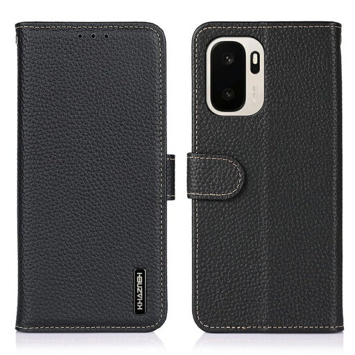 KHAZNEH For OnePlus Ace 6 Ultra 5G Wallet Case Litchi Texture Genuine Cow Leather Flip Phone Cover - Black - 1