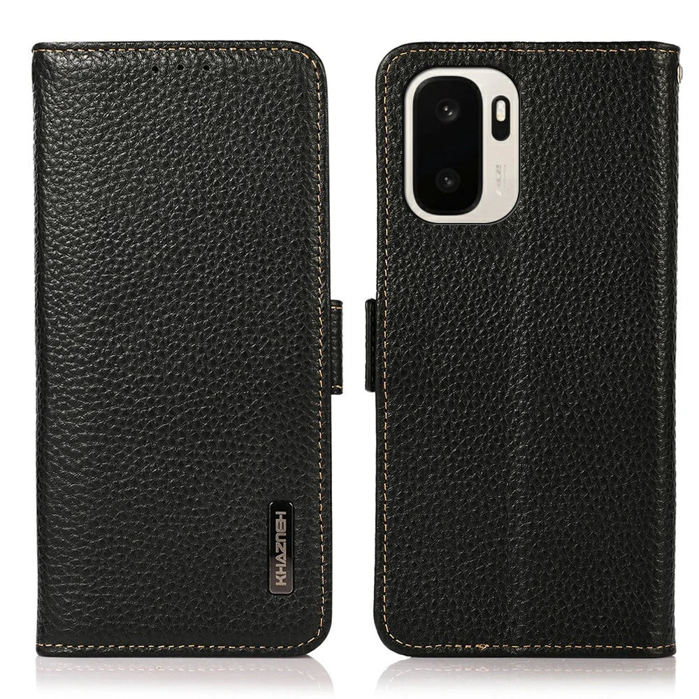 KHAZNEH for OnePlus Ace 6 Ultra 5G Phone Case Litchi Texture Genuine Cow Leather Cover RFID Blocking - Black - 1
