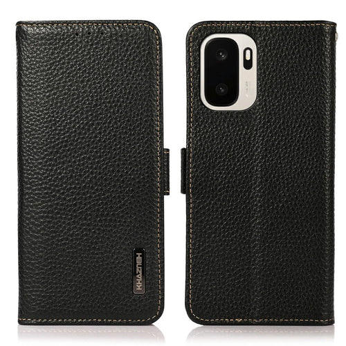 KHAZNEH for OnePlus Ace 6 Ultra 5G Phone Case Litchi Texture Genuine Cow Leather Cover RFID Blocking - Black - 1
