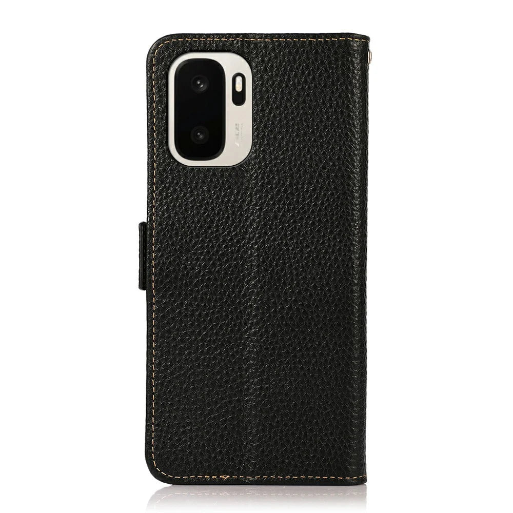 KHAZNEH for OnePlus Ace 6 Ultra 5G Phone Case Litchi Texture Genuine Cow Leather Cover RFID Blocking - Black - 7