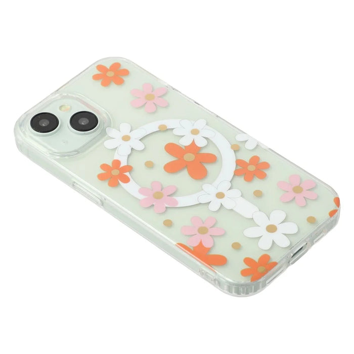 For iPhone 14 Magnetic Case IMD Flower Pattern TPU + PC Clear Back Phone Cover - Style D - 6