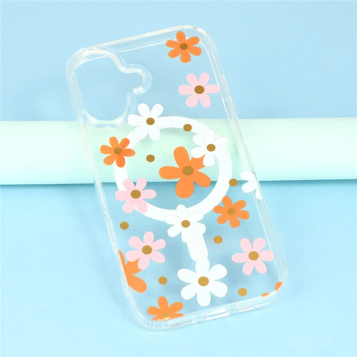 For iPhone 17 Magnetic Case IMD Flower Pattern TPU + PC Clear Back Phone Cover - Style D - 7