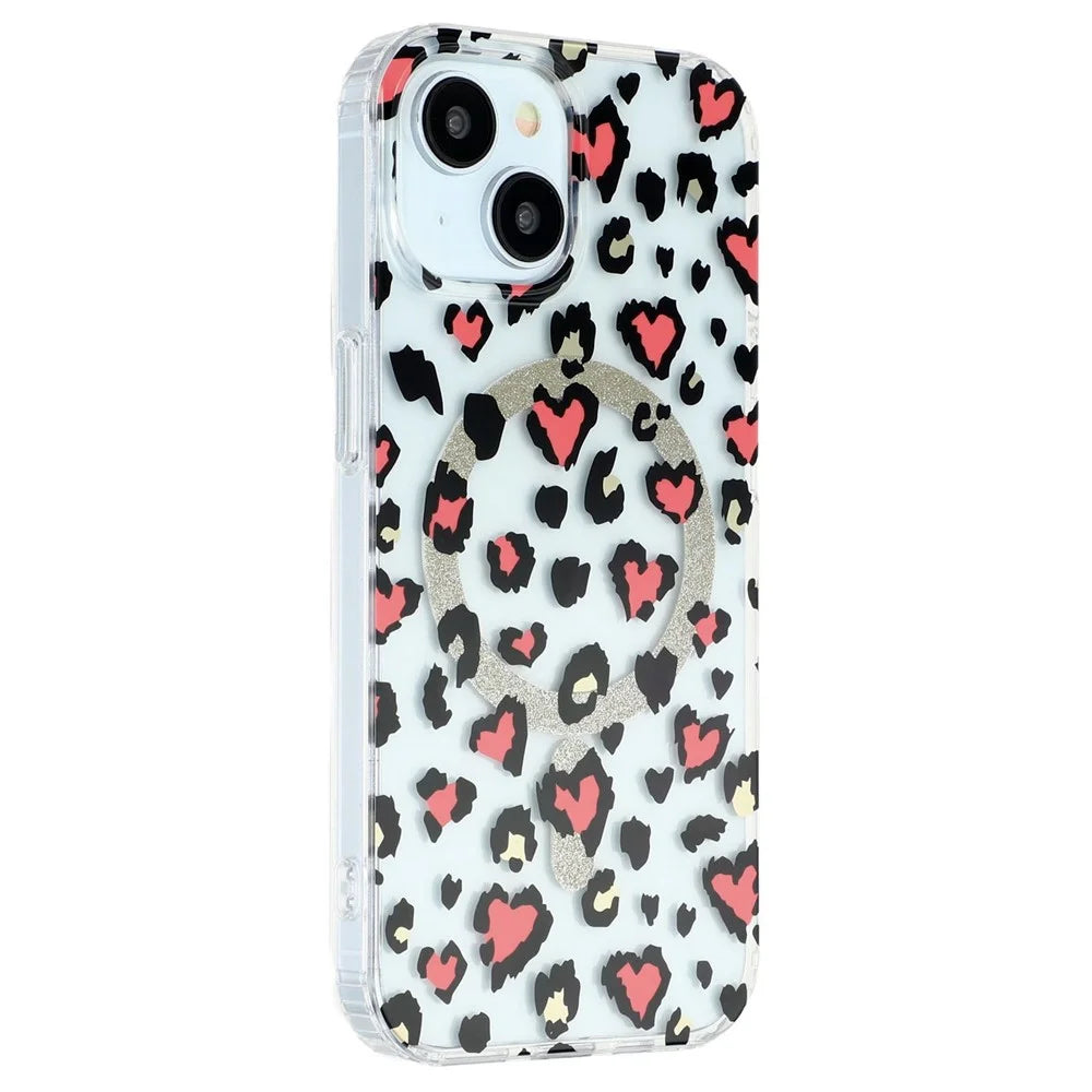 For iPhone 14 Magnetic Case Clear Anti-Yellowing PC + TPU Phone Back Cover Leopard Print Design - Red - 1