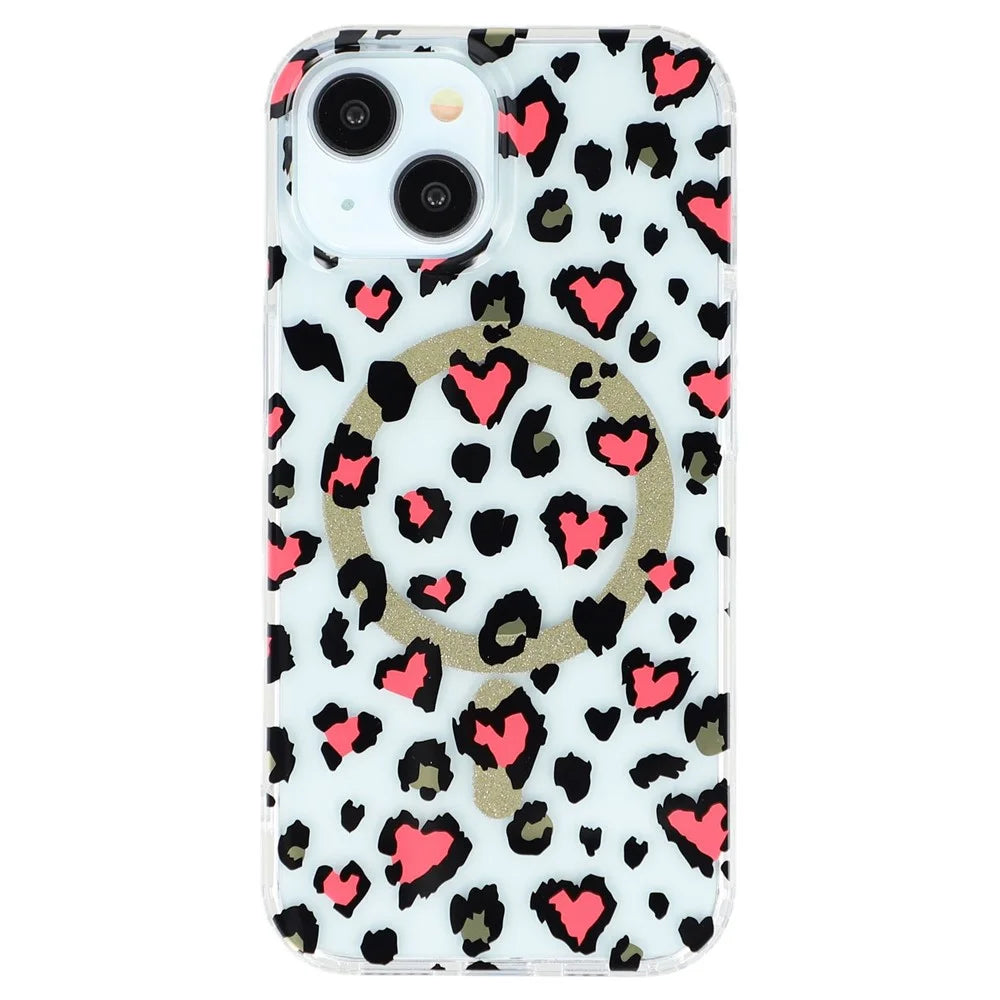 For iPhone 14 Magnetic Case Clear Anti-Yellowing PC + TPU Phone Back Cover Leopard Print Design - Red - 3