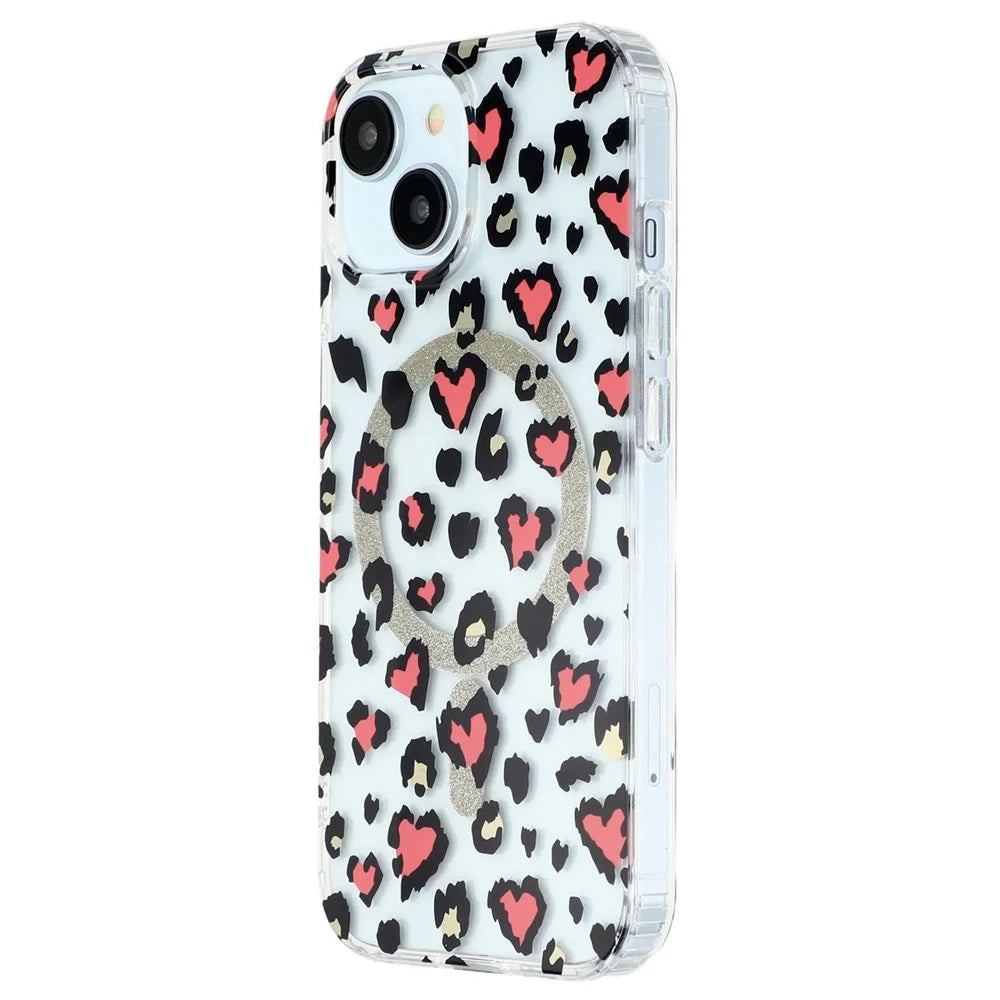 For iPhone 14 Magnetic Case Clear Anti-Yellowing PC + TPU Phone Back Cover Leopard Print Design - Red - 4