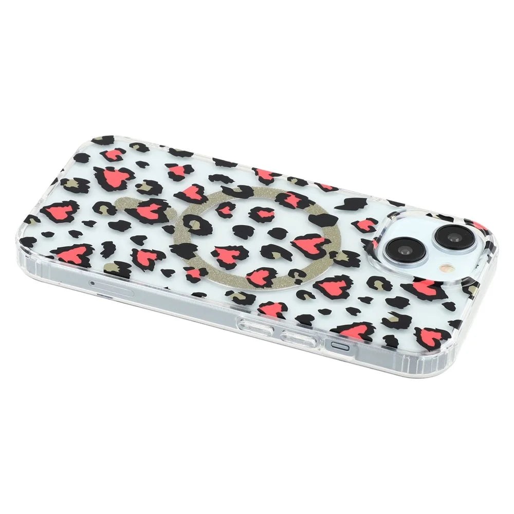 For iPhone 14 Magnetic Case Clear Anti-Yellowing PC + TPU Phone Back Cover Leopard Print Design - Red - 5