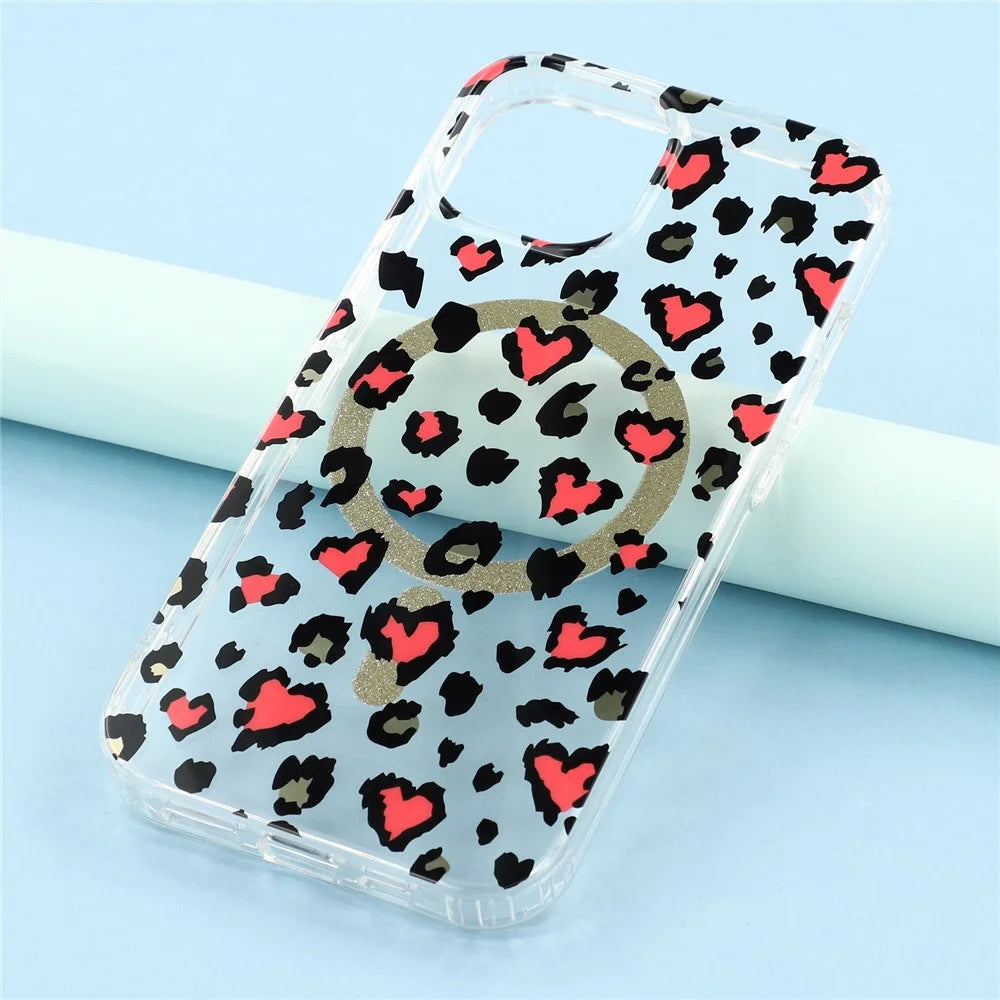 For iPhone 14 Magnetic Case Clear Anti-Yellowing PC + TPU Phone Back Cover Leopard Print Design - Red - 6